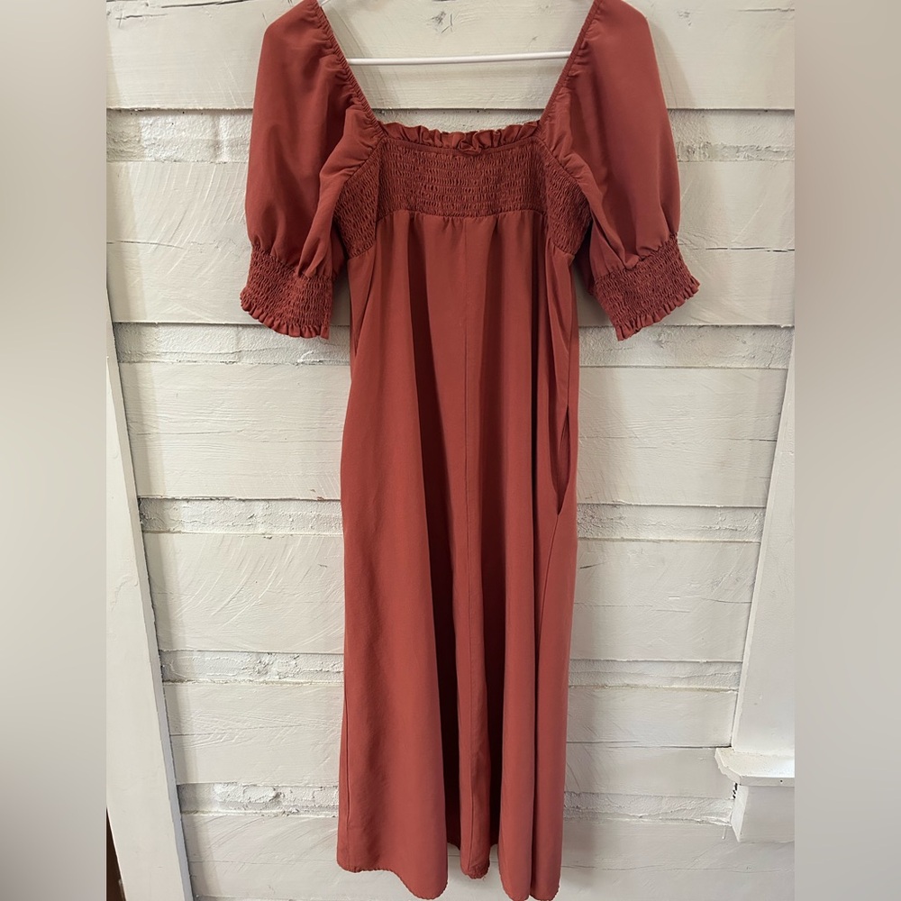Kirundo Smocked Puff-Sleeve Maxi Dress • Rust Terracotta • Size Small - Picture 5 of 9